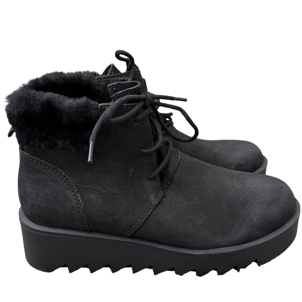 Eileen Fisher Black Nubuck Sheared Lamb Fur Trim Sawtooth Platform Boots 5.5 NEW